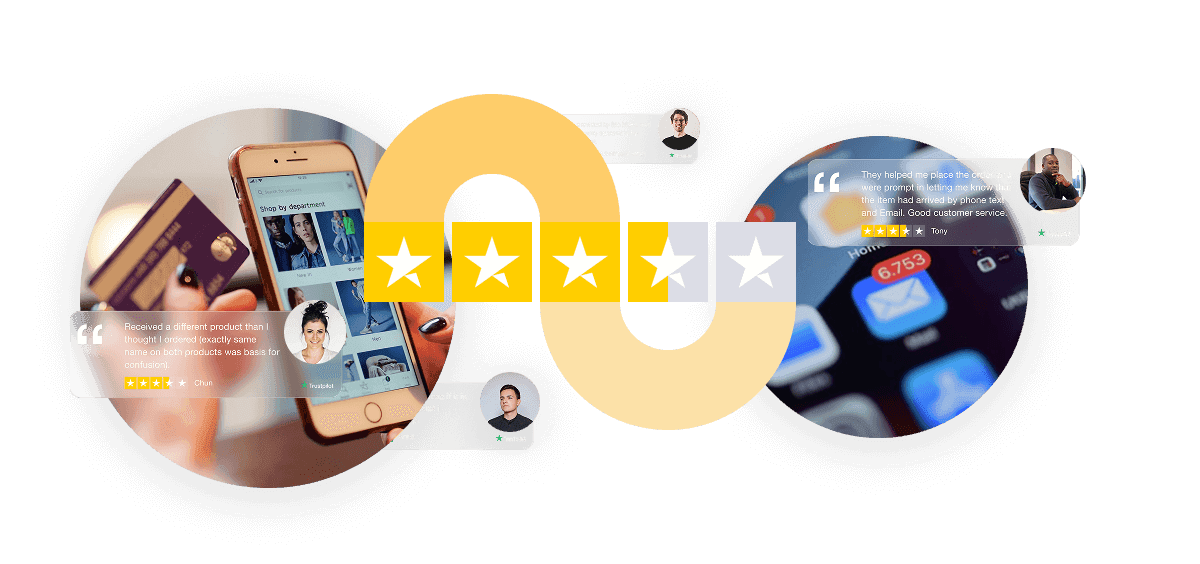 A collage of digital experiences, including a hand holding a smartphone displaying an e-commerce app and a credit card, overlaid with customer reviews, star ratings, and an abstract yellow ribbon.