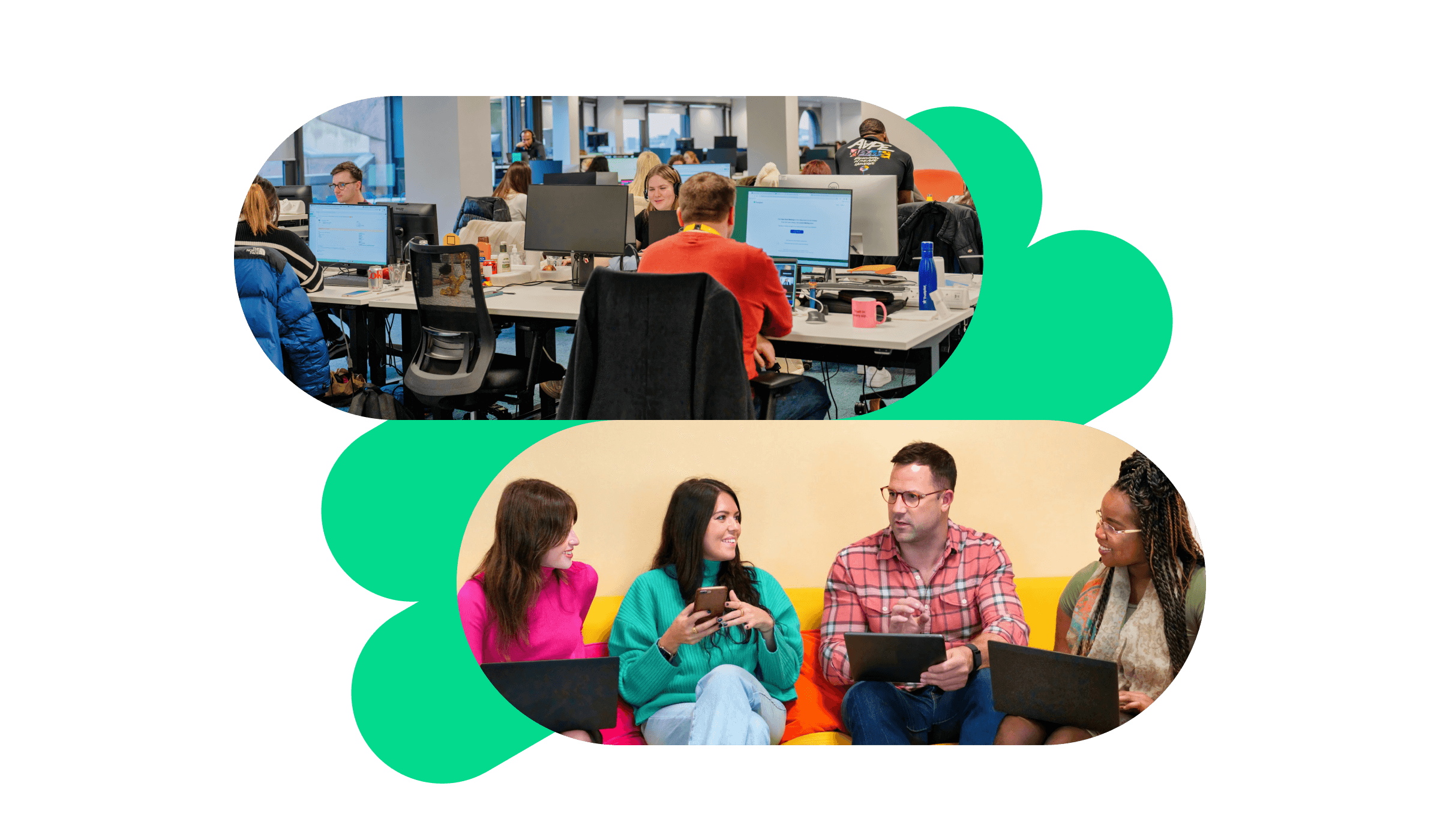 A photo of a group of Trustpilot employees working at their desk, in the office